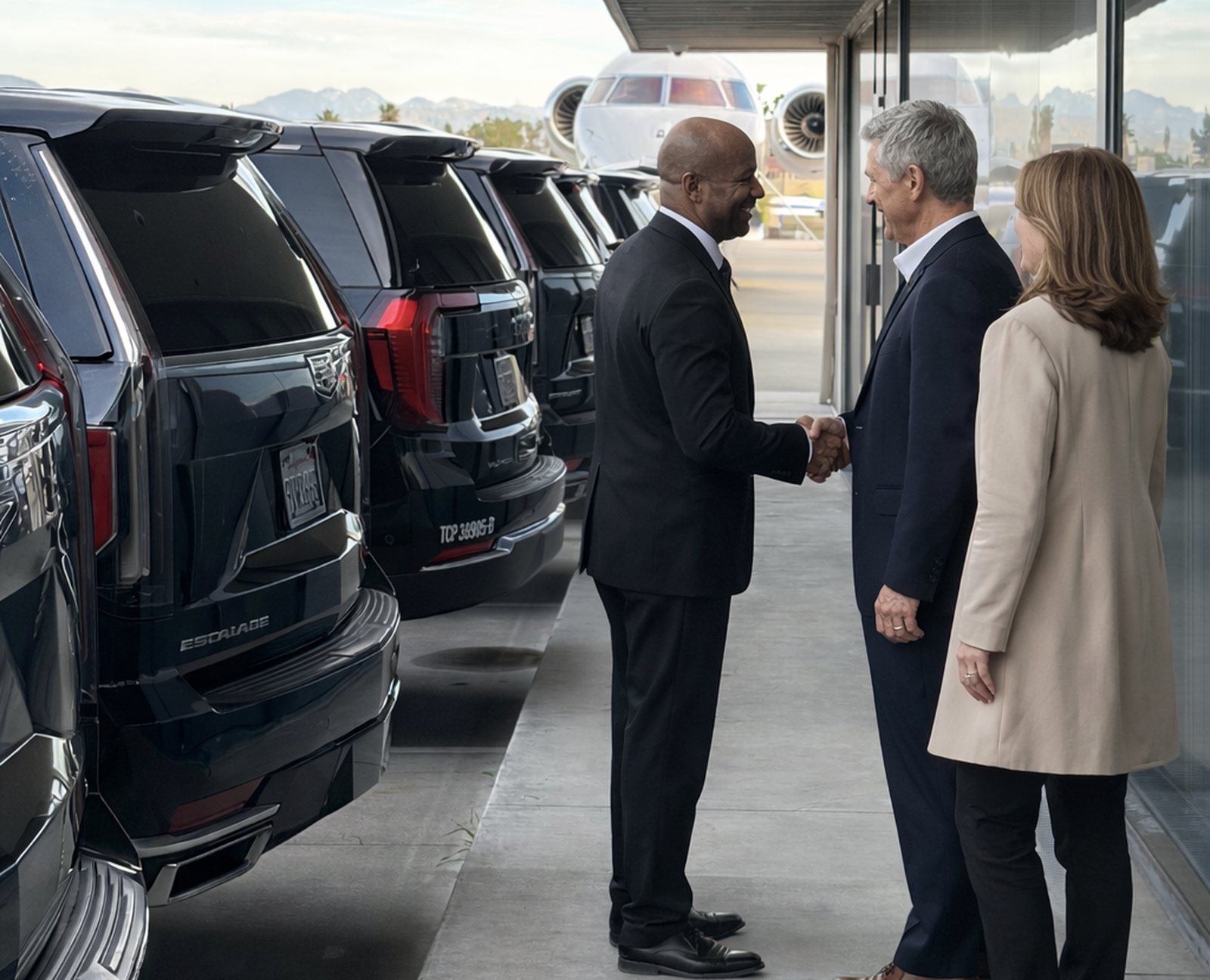 Private Premiere chauffeur greeting clients beside a line of Cadillac Escalades at a private aviation terminal