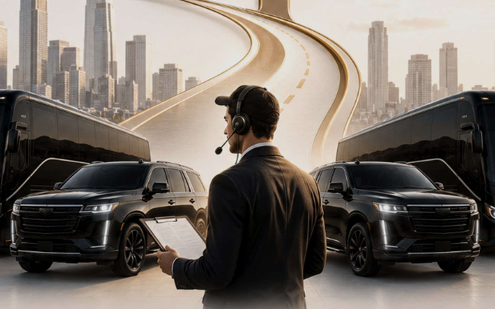 Private Premiere dispatcher coordinating a group program with executive SUVs and motor coaches